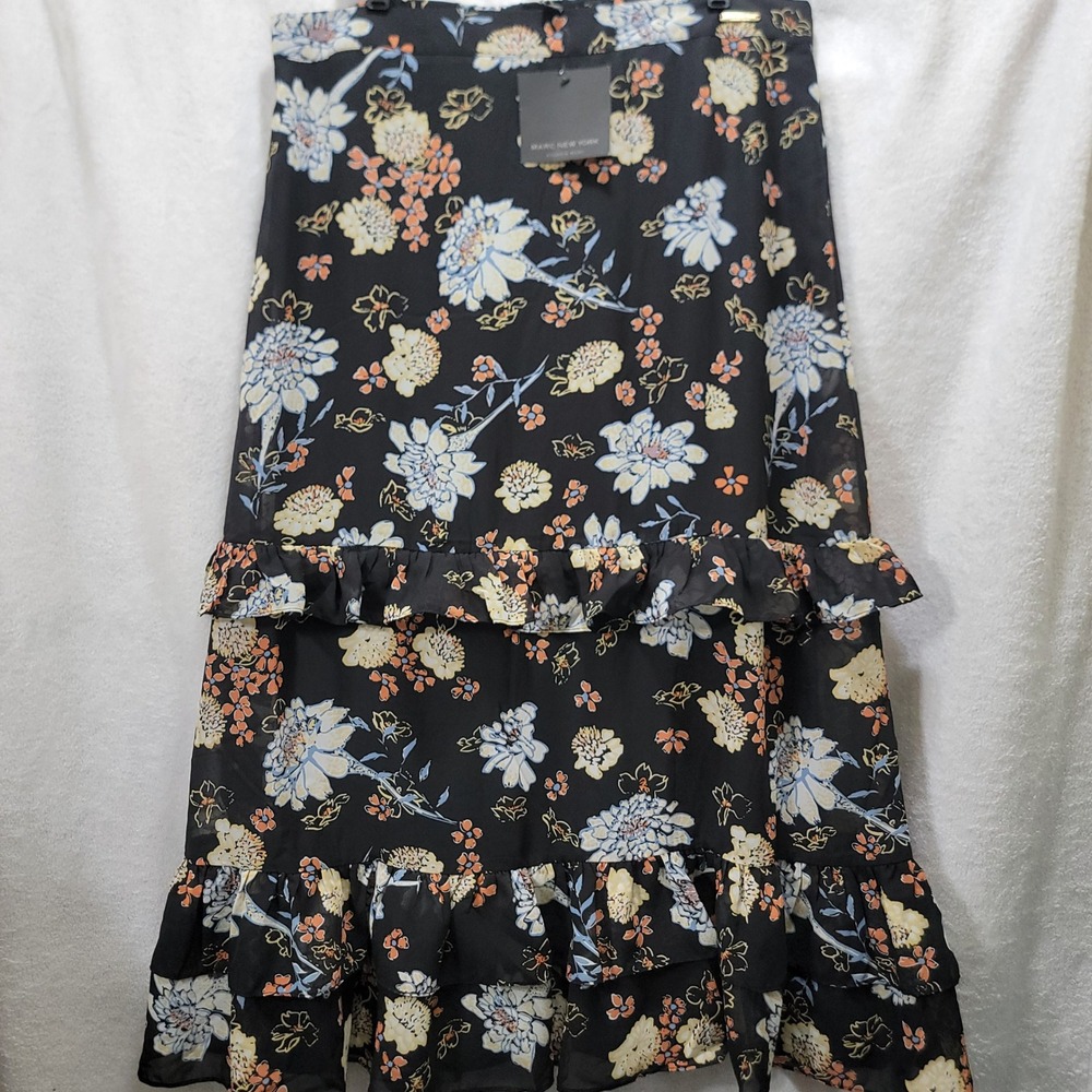 NEW Marc New York Andrew Marc Black Floral Ruffle Midi Skirt XL Style M5MST283